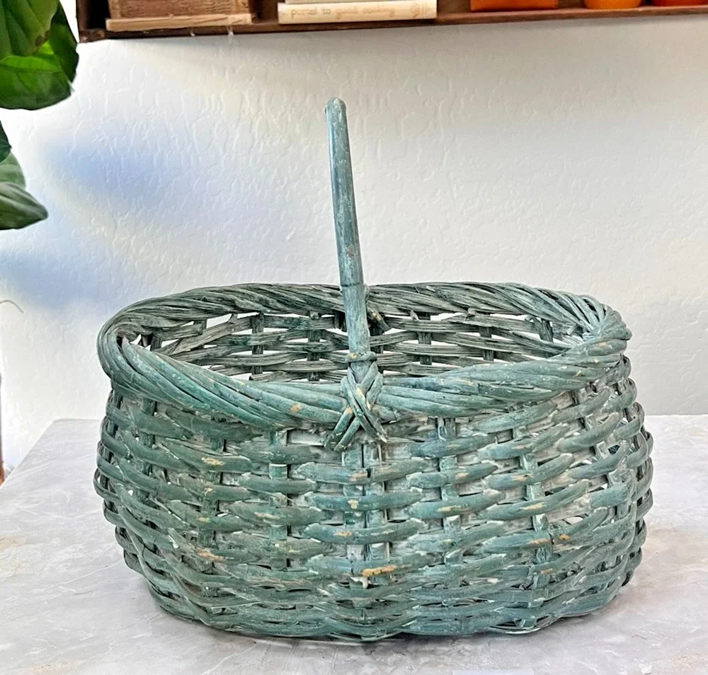 Antique Medium Woven-splint Basket Single Handle Distressed Blue Green Decor